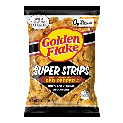 Golden Flake Red Pepper Pork Strips, 3.5 oz Bags (Pack of 24) – Spicy Gluten-Free Pork Snacks – Low Carb, Keto-Friendly, Crunchy Protein Snack for On-the-Go Cravings